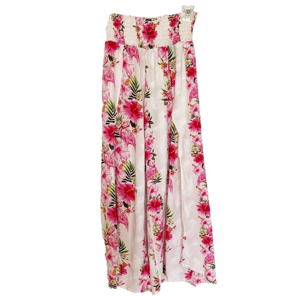 Hawaii Hangover Lady High Slit Hibiscus Pink Floral Wide Leg Pants L/XL - Picture 2 of 10